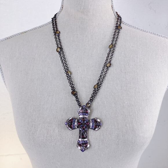 Real Collectibles by Adrienne Glass Rhinestone Cross Pendant Necklace Purple 50" - Picture 2 of 13